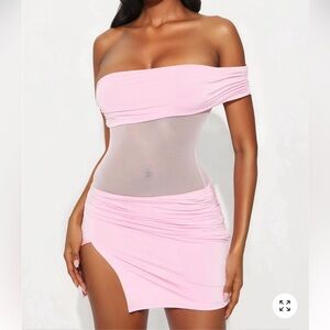 Pink Off-Shoulder Sheer Mini Dress